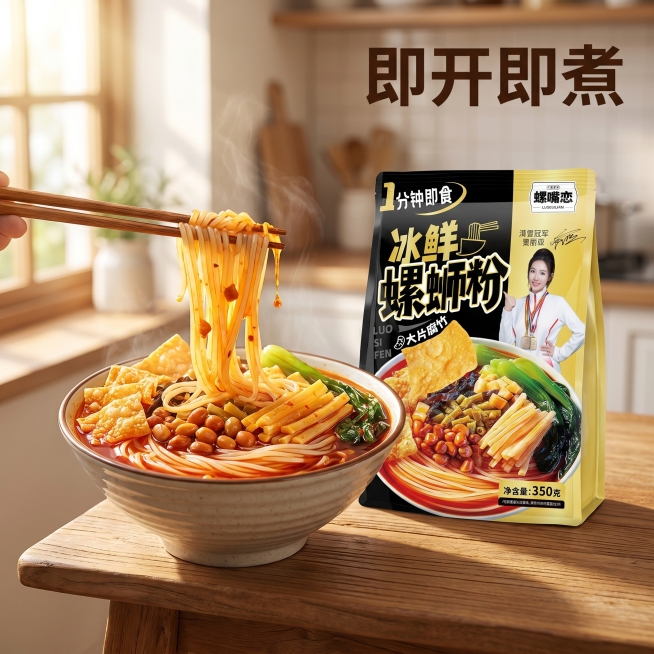 [主图 4] 煮好成品展示场景主图。
[氛围风格] 生活方式代入感食欲风；
[画质] 商业摄影质感、光线柔和通透、产品清晰真实、画面干净高级。
[元素] 一人食场景，木质餐桌，盛出满满一碗螺蛳粉放在餐预览效果