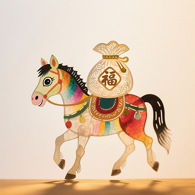 国潮剪纸风马儿驮福袋，彩虹鬃毛萌趣十足，皮影光影映喜庆，年味盎然。