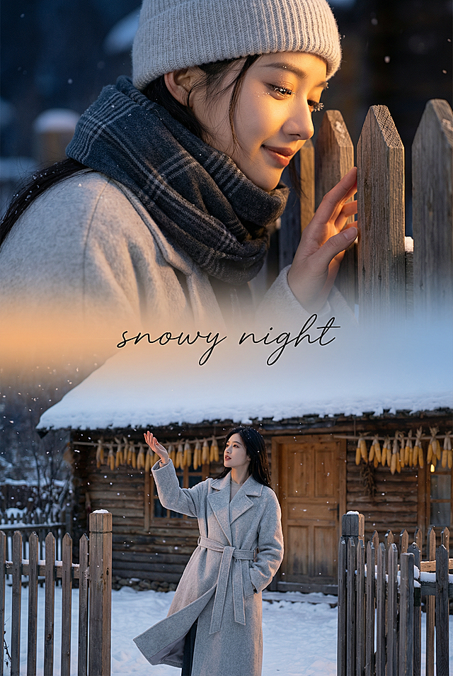上宫格：大特写镜头，女生侧脸特写，穿浅灰色收腰羊毛大衣，深灰格纹围巾绕颈，浅灰绒线帽压着耳尖，发丝从帽檐垂下几缕。庭院暖光从屋门漫来，睫毛沾着细雪，嘴角带点温柔的笑意，指尖轻触庭院的木栅栏。
下宫格：中景镜头，女生站在乡村庭院的雪地上，抬手接住飘落的雪花，大衣收腰设计勾勒身形，下摆被微风拂起，身后是挂着玉米串的木屋，屋顶积着厚雪。
衔接元素：中间有手写 “snowy night” 文字横向贯穿画面。