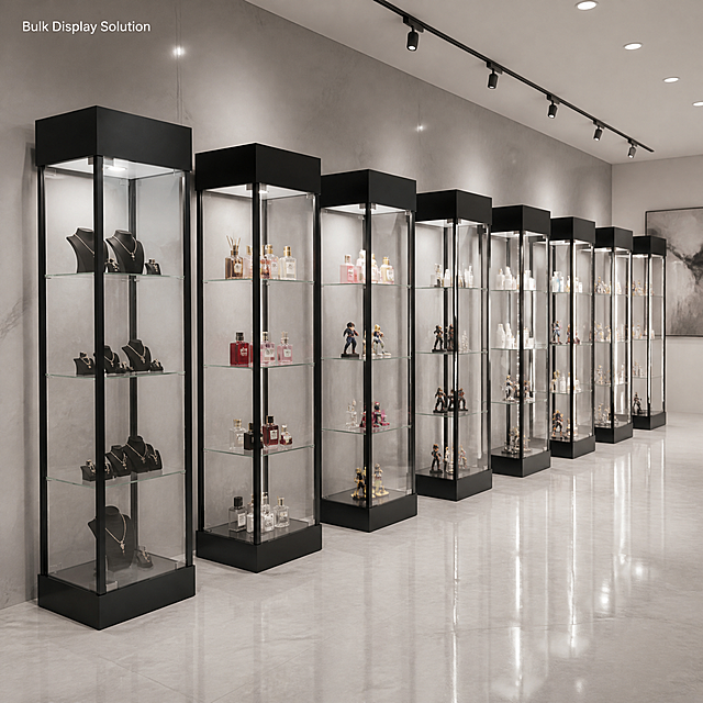 [额外场景图] 立式玻璃展示柜一整排摆放的零售展厅场景图。
[氛围风格] 现代高端零售展厅，整齐排列，专业大气，商业展示空间感。
[画质] 商业摄影质感、光线柔和通透、产品清晰真实、画面干净高级、空间感强。
[元素] 画面展示一整排（6-8个）同款立式方形玻璃展示柜整齐排列在高端零售展厅内。每个展示柜均为黑色款，四根铝合金立柱，四面玻璃，5层玻璃搁板，顶部灯箱，底部底座，带锁。保持每个展示柜的外观（结构、材质、颜色、比例）与输入产品图完全一致，杜绝任何变形和色差。展示柜内摆放不同的展品（珠宝、香水、手办、化妆品等），体现多样化展示用途。展厅地面为浅灰色大理石，墙面为浅灰色，顶部有嵌入式筒灯和轨道射灯，背景有品牌Logo墙和装饰画，整体空间宽敞明亮。画面有透视感，近处的柜子大而清晰，远处的柜子逐渐变小，体现空间纵深感。画面满屏无边框。
[光影] 顶部多组射灯均匀照射，每个玻璃柜顶部灯箱有内发光，玻璃有清晰高光反射，地面有柔和倒影，整体光线均匀通透，光影层次丰富，高级感强。
[配色] 主色调：黑色铝合金、透明玻璃、浅灰空间；辅助色：白色灯光、银色金属光泽；点缀色：展品的丰富色彩。
[视角构图] 正面45°斜侧视角，整排展示柜从左下延伸到右上，形成强烈的透视纵深感，前景柜子清晰，背景柜子略有虚化，景深中等。
[文字版式] 画面左上角有小字标题"Bulk Display Solution"，白色细体无衬线字体，不遮挡主体。其余区域无文字，突出场景氛围。
[输出要求] 1:1比例，800x800像素，超高清商业摄影质感。
[负向提示词] 变形，文字错乱，产品图模糊，背景杂乱，水印，电商平台Logo，中文文字，多余的手，畸形手，肢体穿模，收银台，木质柜体，产品结构不一致。