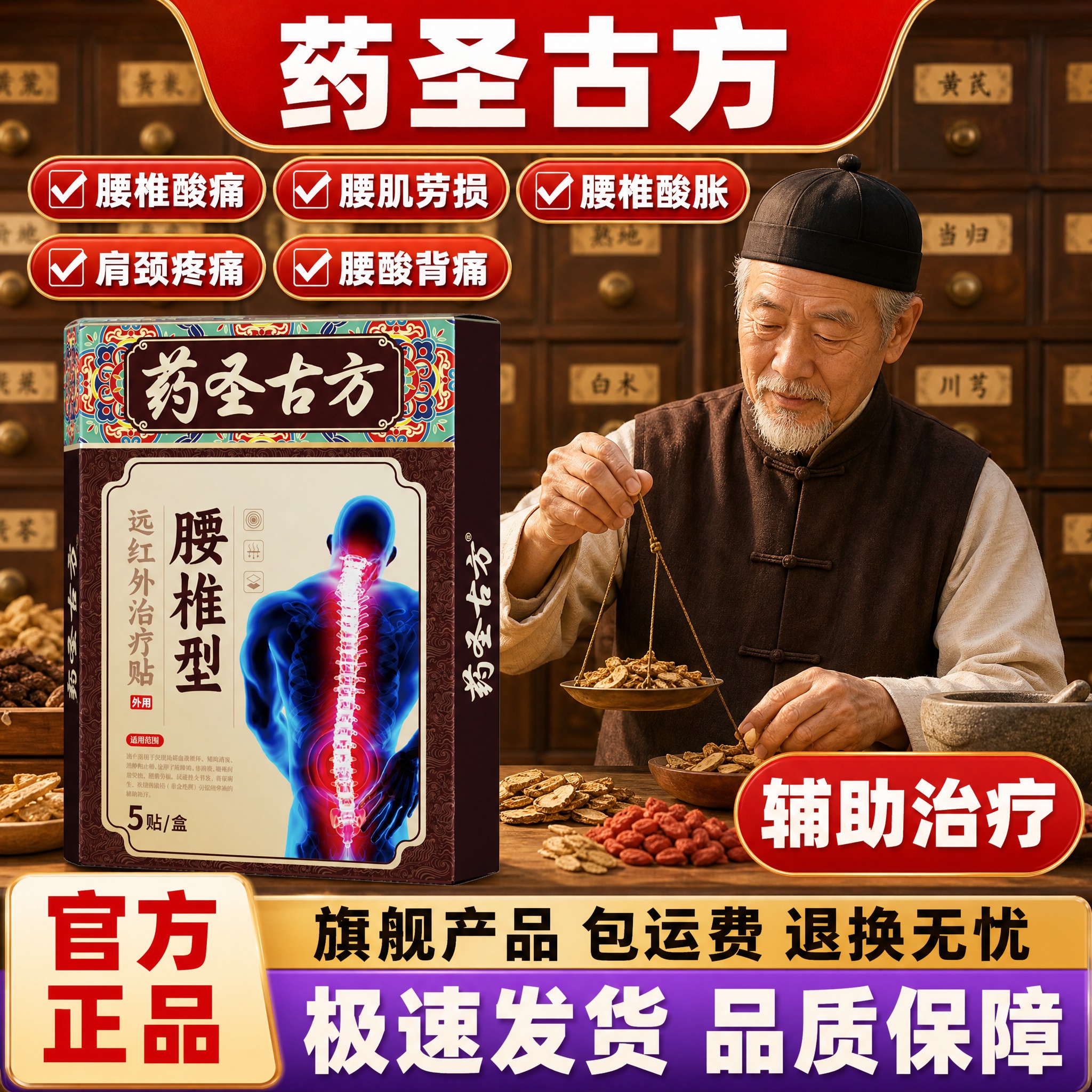 [单张主图] 药圣古方腰椎型远红外治疗贴，爆款促销感主图，中式… - 图片创意预览