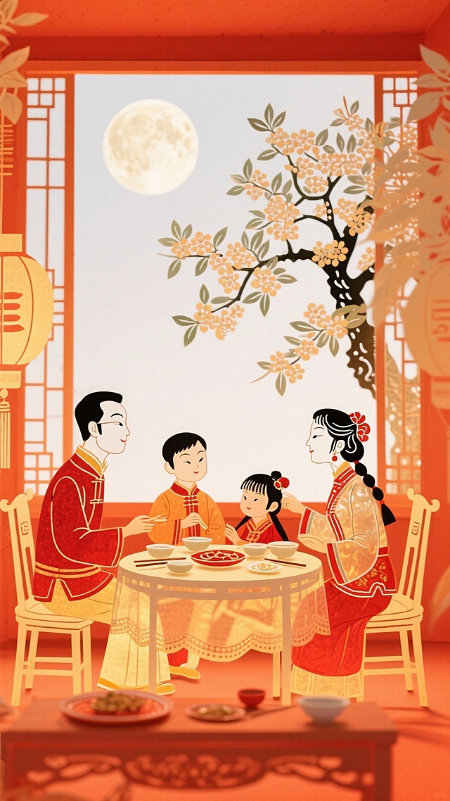 插画风融合国潮与剪纸元素，暖色系中式庭院中，一家四口围桌共赏明月，尽显喜庆温馨的中秋团圆氛围。