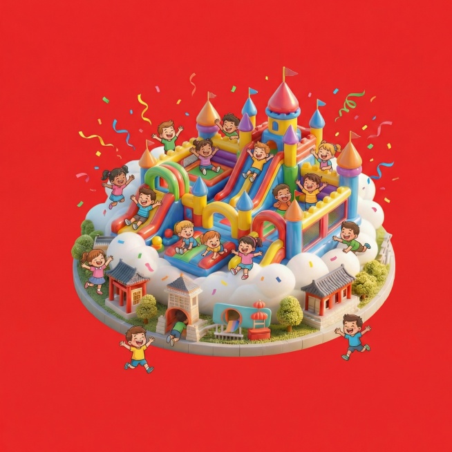 抠出图中中间的充气城堡，更换为亮红色背景，添加一群卡通小孩在城堡里玩耍，营造热闹氛围预览效果
