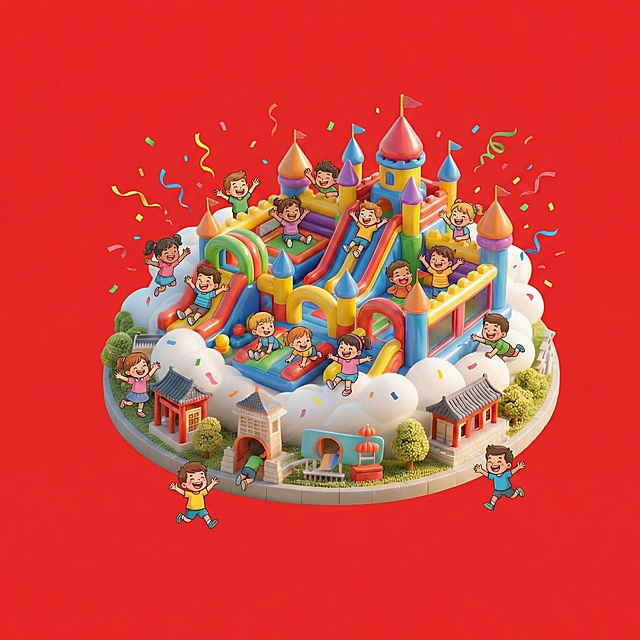 抠出图中中间的充气城堡，更换为亮红色背景，添加一群卡通小孩在城堡里玩耍，营造热闹氛围