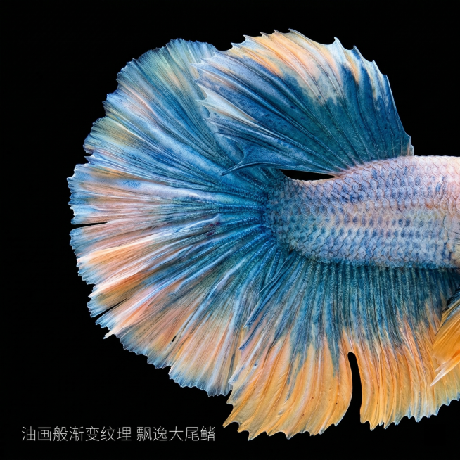 [主图 3] 尾鳍细节特写放大图
[氛围风格] 微距特写，极致质感，清晰展示鳞片和鳍条纹理
[画面元素] 放大特写梵高莫奈斗鱼的大尾鳍，保留原图渐变色彩和纹理细节，突出鳍条的飘逸感和油画般色彩过渡，背预览效果
