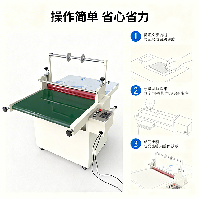 [主图 4] 覆膜机操作流程演示
[氛围/风格] 清晰直观，专业易用，简洁明了。
[画面元素] 商业摄影质感、光线柔和通透、产品清晰真实、画面干净高级。左侧放置完整覆膜机产品图（结构外观与原图保持一致），右侧分为三个步骤小图区域分别演示操作：[1] 放置物料 [2] 启动覆膜 [3] 成品出料，每个步骤小图搭配简约示意图示，产品整体保持原有结构和外观细节，背景浅灰干净。
[配色色系] 主色调：浅灰+米白，辅助色：黑色文字+蓝色步骤序号。
[视角构图] 左大右小分区构图，整体平衡，信息层级清晰。
[文字版式] 标题顶部居中 "操作简单 省心省力"，右侧每个步骤小图上方标注序号+短句说明，文字清晰，不遮挡主体，配色对比明显。
[比例分辨率] 1:1 比例，2k 分辨率；文字清晰可辨，超高清。
[负向提示词] 变形，水印，文字错乱，产品图模糊，背景杂乱，结构改变，部件缺失。