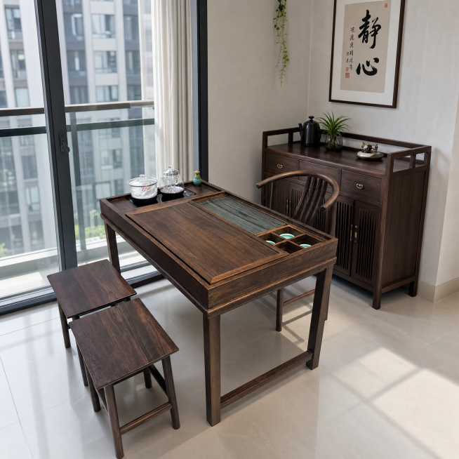 将这套茶桌椅放到一个现代小阳台，白天自然光线，放在阳台一侧靠墙面的位置，主座椅后面增加一个小茶水柜靠墙预览效果
