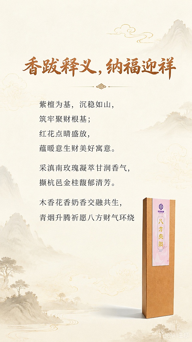 [第3屏] 香跋释义页 - 八方来财祈福线香设计理念与香韵解析。本屏使用【图1】作为右下角产品点缀。
[氛围/风格] 诗意国风，雅致禅意，温和干净的视觉质感。
[元素布局] 顶部是主标题区域，中部是香跋释义文字区域，右下角放置缩小产品图；背景搭配淡淡的中式山水云纹纹理，文字排版疏密得当；产品特征保持与输入图一致。
[光影质感] 均匀柔和的自然光照明，文字区域亮度充足，保证可读性，阴影自然不突兀。
[配色色系] 全局底色 #FBF6F0，主色赭石色标题，深灰色正文，浅金色纹理点缀。
[视角构图] 正面竖版排版，文字区域占据主体，右下角自然点缀产品，构图平衡稳定。
[文字版式] 顶部主标题「香跋释义，纳福迎祥」，书法字体居中；正文分段展示：「紫檀为基，沉稳如山，筑牢聚财根基；红花点睛盛放，蕴暖意生财美好寓意。采滇南玫瑰凝萃甘润香气，撷杭邑金桂馥郁清芳。木香花香奶香交融共生，青烟升腾祈愿八方财气环绕」，行间距宽松，字体清晰易读。
[比例分辨率] 9:16竖版比例，4K分辨率，文字清晰可辨，高清画质。
[负向提示词] 文字拥挤，文字错乱，文字过小，产品变形，颜色刺眼，水印，背景杂乱