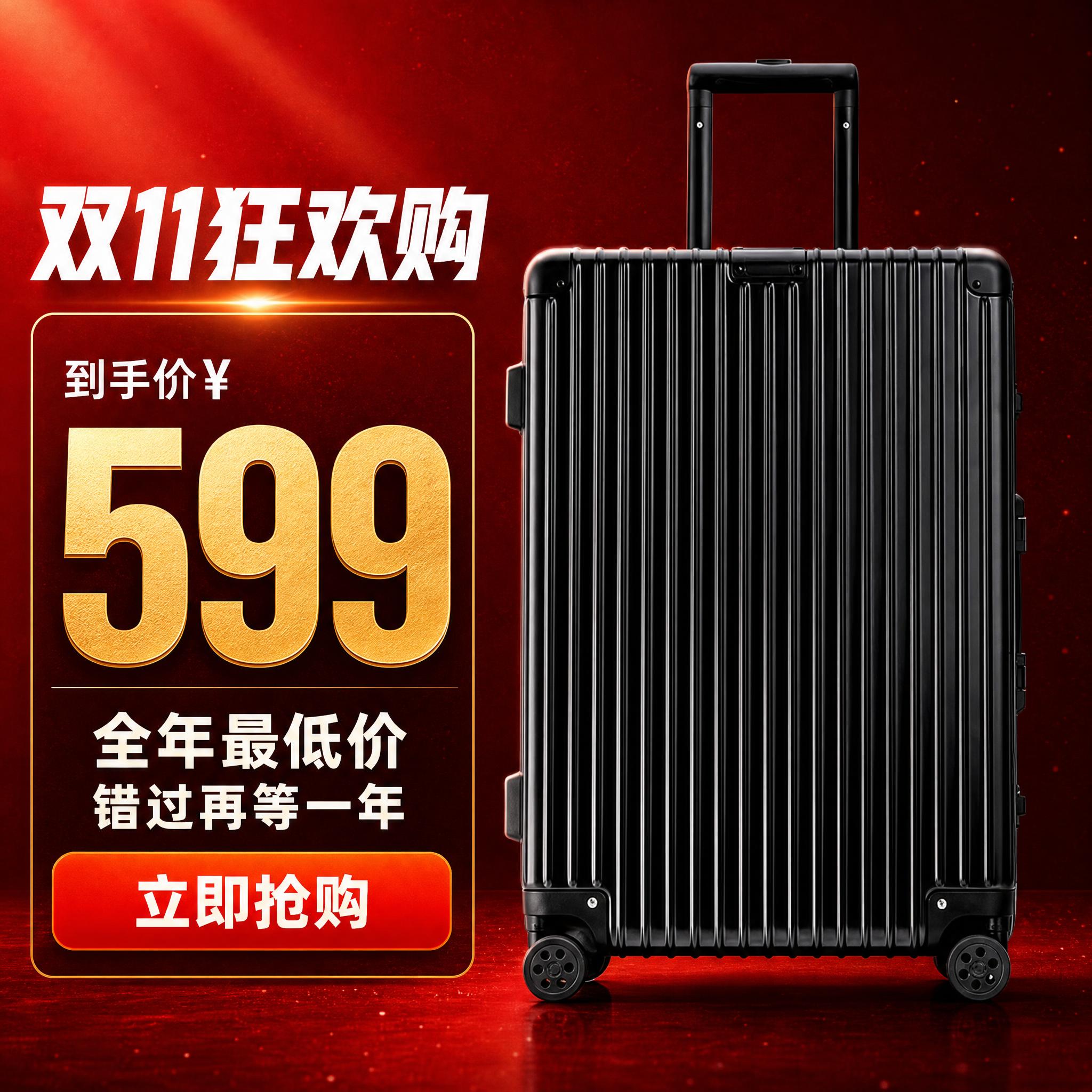 [主图-1] 双十一大促首图，展示黑色铝框竖条纹行李箱整体外观… - 图片创意预览