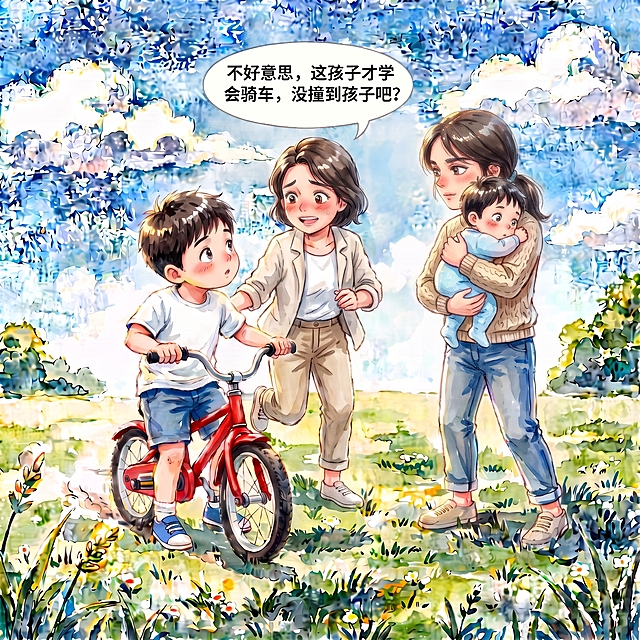 修改男孩妈妈的视线，让男孩妈妈看向小仙君妈妈，和小仙君妈妈保持对视，其他内容全部保持不变：小仙君妈妈站直抱着小仙君，小仙君埋在妈妈肩头睁着眼睛偷听，骑车男孩仰头看自己妈妈，2K分辨率，温暖水彩绘本风格，公园背景不变