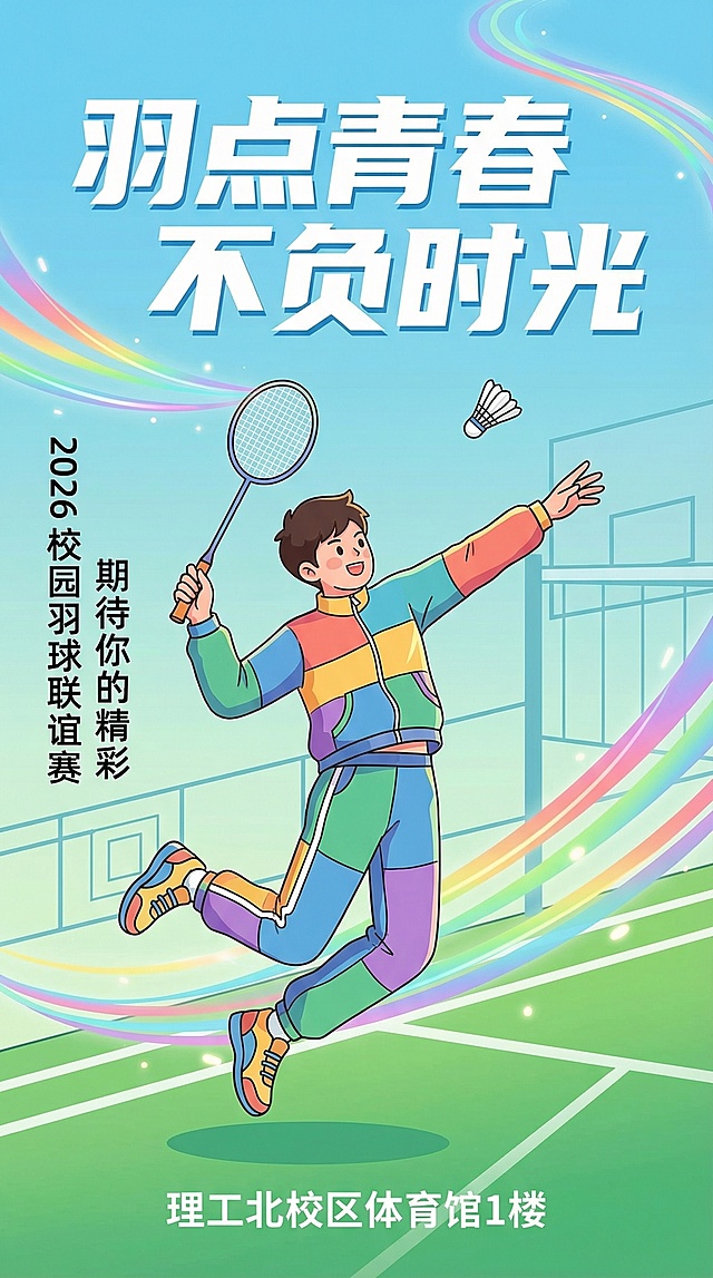 充满青春活力的竖版校园羽毛球联谊赛宣传海报，采用扁平化卡通插画风格，主色调为清新的天空蓝与活力绿，搭配彩虹渐变的动感线条。画面中心是一位身着彩色拼接运动服的少年，正高高跃起完成扣杀动作，手中紧握羽毛球拍，白色羽毛球悬浮在空中，姿态舒展充满朝气。背景是校园体育馆轮廓与绿色球场标线，环绕的彩虹光带营造出热烈的赛事氛围。上方用醒目的白色粗体字写着 "羽点青春 不负时光"，侧边标注 "2026 校园羽球联谊赛 期待你的精彩"，底部清晰列出比赛地址 "理工北校区体育馆 1 楼"，整体风格活泼明快，色彩明亮饱和，充满校园青春气息与运动热情，适合高校羽毛球赛事传播。