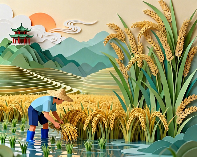 去掉画面中的两只喜鹊和右侧的卷轴，保留其他元素不变，保持剪纸风格，农民在稻田收割稻谷的场景，背景是梯田远山和亭子