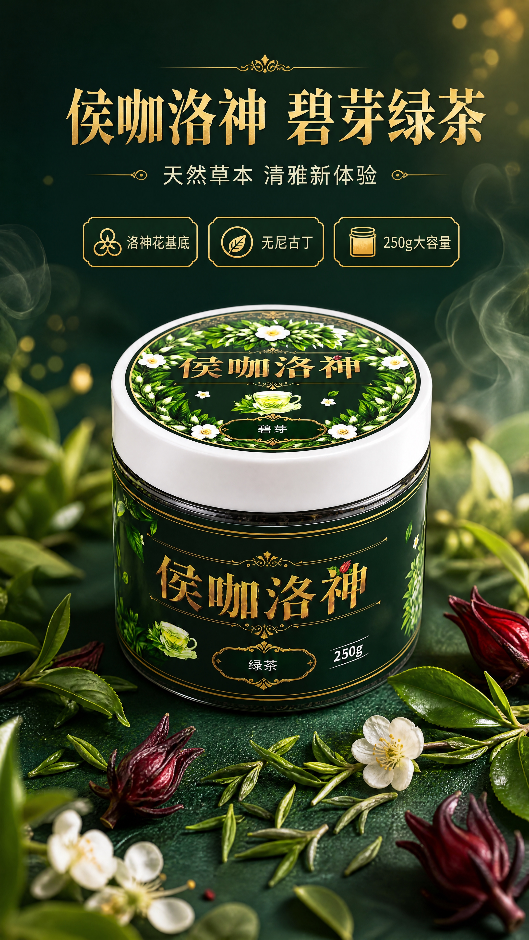 [商品] 使用【图1】侯咖洛神碧芽绿茶罐装产品；保留罐体深墨绿… - 图片创意预览