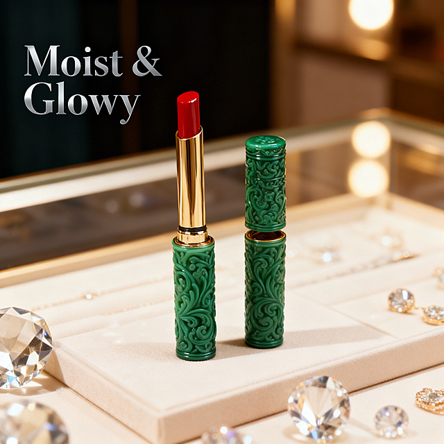 Product appearance is 100% consistent with the original image, the vintage carved green open lipstick is placed on a high-end minimalist jewelry counter, surrounded by soft crystal light, the overall atmosphere is high-end luxury, highlighting the moist and shiny texture of the red lipstick paste, the main slogan "Moist & Glowy" is placed in the upper left corner, the font is elegant sans-serif, silver, no遮挡产品主体, the picture is full screen, the overall style is in line with the high-end aesthetic of Amazon cross-border e-commerce