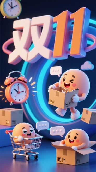 手绘卡通风格双 11 组图，主角是可爱的购物车拟人形象，分别呈现 “熬夜付定金”“快递拆箱”“分享好物” 三个场景，背景有闹钟、快递盒、聊天对话框等元素，色彩明快柔和，线条圆润，适合吸引年轻消费群体预览效果