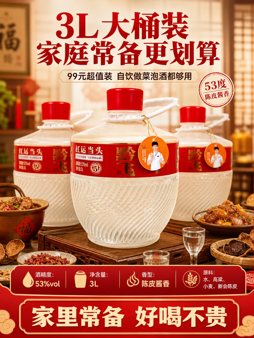 [商品] 使用【图1】黔飞红运当头53度3L大桶装白酒；保留瓶… - 图片创意预览