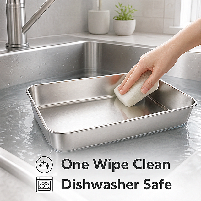 [Main Image 8] Easy cleaning feature display. Keep product appearance consistent with input image. A hand is gently wiping the inner wall of the stainless steel tray with a clean sponge, the sink has clear water, the whole picture shows the characteristic of easy cleaning, no dirt residue. Light gray kitchen background, soft daylight, fresh and clean atmosphere. Text at bottom: One Wipe Clean  Dishwasher Safe, text clear and readable. 1:1 ratio, 4K resolution. Negative prompt: deformation, watermark, text disorder, messy background.