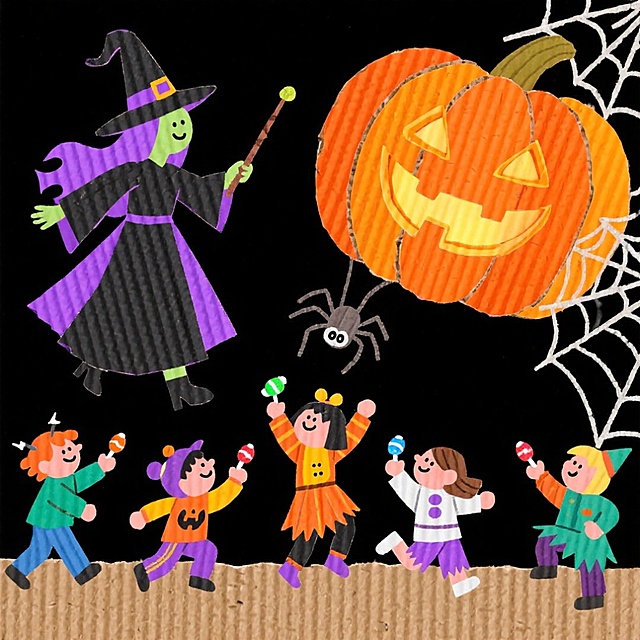 卡通风格，超级欢乐的万圣节气氛，女巫、小孩、糖果、蜘蛛、南瓜的组合，黑色背景