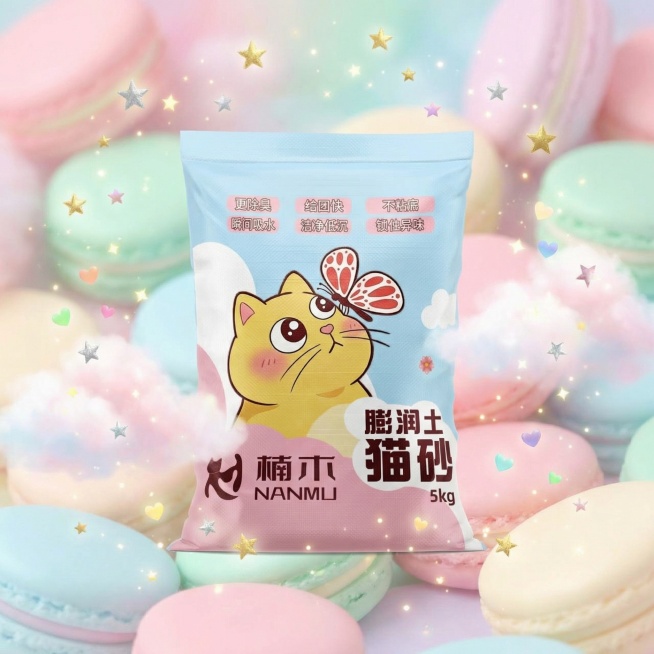 基于现有猫砂袋图片，制作可爱风格主图，把背景换成梦幻马卡龙色系，添加闪烁的星星和小爱心元素，让整体画面更软萌可爱预览效果