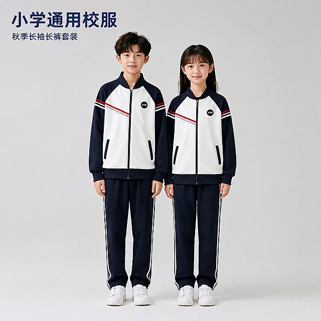 「图片1」「图片1」「图片1」，「图片1」生成主图（5张），适配淘宝/天猫平台，比例为1:1商品名称是小学通用款秋季长袖长裤套装、卖点是久洗不变形，吸汗透气，耐摩擦不起球。结合平拍图，模特图，设计稿。生成6张双人合照主图。