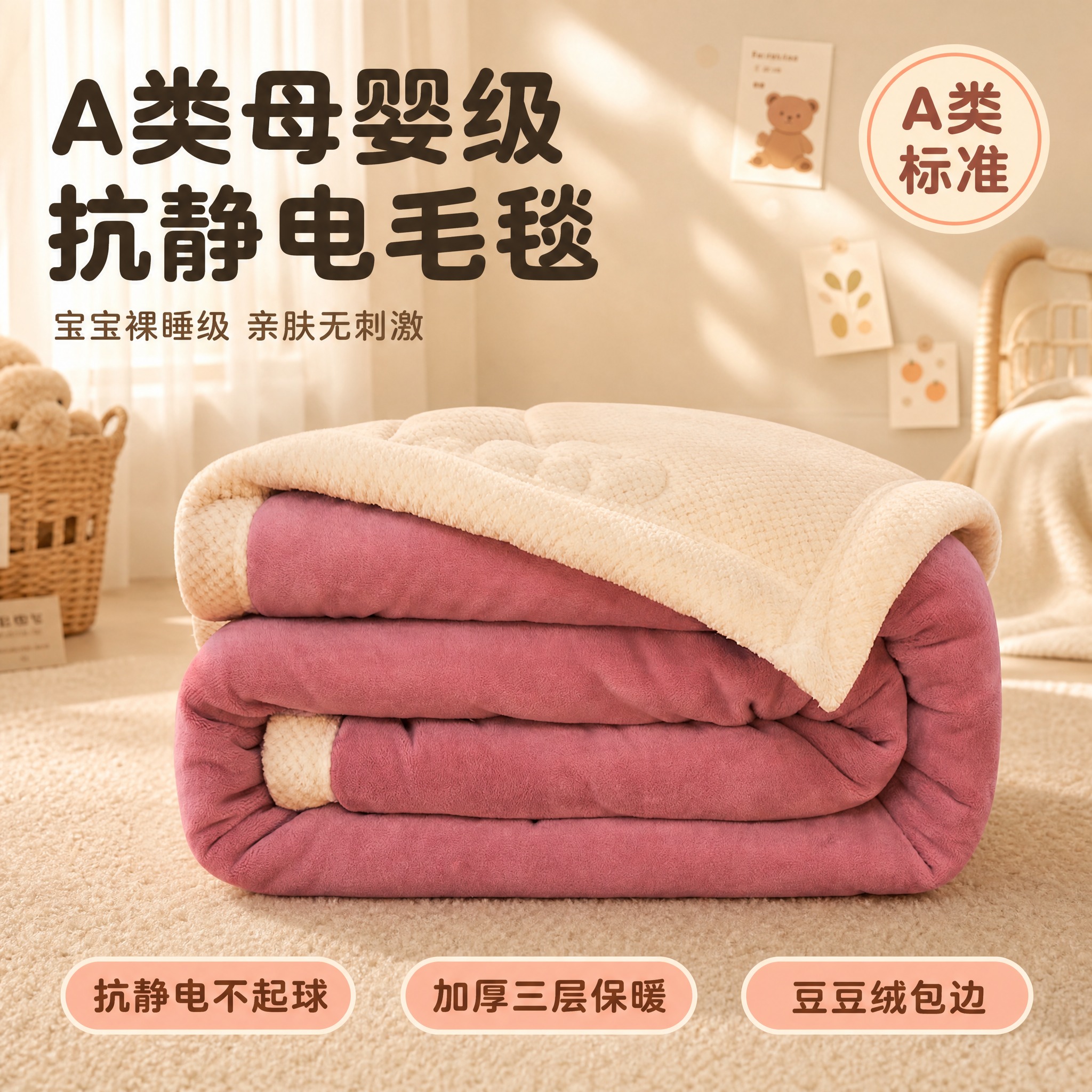 拼多多电商主图，A类母婴级抗静电牛奶绒毛毯（豆沙紫色款），豆豆… - 图片创意预览