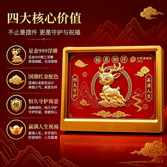 [第3屏] 详情页核心卖点-恒久守护赢满人生寓意与工艺亮点。本屏使用【图1】产品外观，将右侧竖排文字改为「赢满人生」，保持金色浮雕质感。
[氛围/风格] 国潮精致风，高端质感，突出工艺价值与金融守护寓意。
[元素布局] 产品摆件位于画面中央偏右，占比约55%；左侧为卖点图标区，从上到下排列4个圆形金色图标；背景为深红色渐变，点缀祥云纹样和山水线条；产品金边、福鹿浮雕、太平洋保险logo与输入图一致，仅右侧竖排文字改为「赢满人生」。
[光影质感] 正面柔光均匀打亮，金边有明显高光，福鹿浮雕有立体感阴影，整体精致细腻。
[配色色系] 全局底色 #8B0000 深红渐变；主色金色 #DAA520；辅助色正红、米白。
[视角构图] 正面平视，产品在右侧，左侧文字区，阅读动线从左至右。
[文字版式] 左侧上方主标题「四大核心价值」，副标题「不止是摆件 更是守护与祝福」；下方4组卖点配图标：「足金999浮雕」「国潮红金配色」「恒久守护寓意」「赢满人生祝福」；文字为宋体标题+黑体正文，金色字配深色底，清晰可读。
[比例分辨率] 1:1方图比例，4K分辨率，文字清晰可辨，高清画质。
[负向提示词] 产品变形，缺件错件，颜色偏差，水印，文字错乱，产品图模糊，背景杂乱。