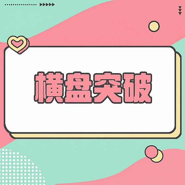 将图片中间白色方框内的文字“指标”替换为“横盘突破”，保持原有的粉色粗体字样式、字体风格、文字大小和位置不变，其余背景、装饰元素、边框、颜色等所有画面内容完全保持原样不变