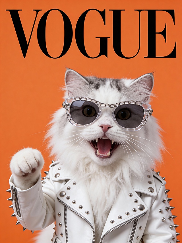 图示宠物穿着白色铆钉皮衣，同时佩戴透明链条装饰墨镜，直视镜头，神态狂拽活泼，眼睛瞪圆、嘴巴大张露齿笑，一只爪子竖起，面部表情嚣张灵动。画面上方部分有黑色艺术大字VOGUE。橙色背景，无多余元素、无质感叠加，色彩冲撞明快。特写宠物上半身，主体紧凑占据核心区域，构图饱满聚焦。