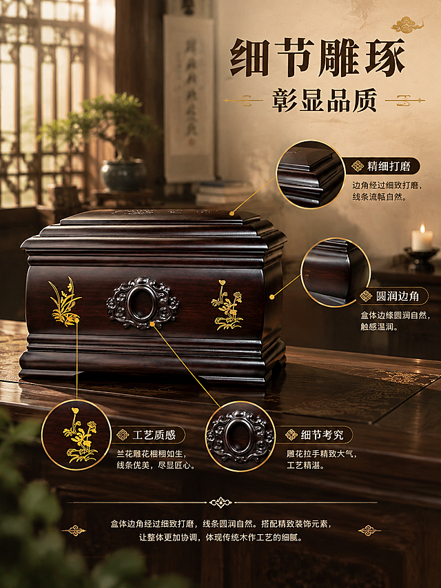 [商品] 使用【图3】金兰居橡胶木骨灰盒侧面雕花图；商品处理：保留盒体结构、深棕木质颜色、侧面金色兰花雕花、中央雕花拉手、顶部顶盖造型、底部线条层次，产品不变形不变色，重点展示雕花细节与边角打磨工艺。
[画面] 页面目标：工艺细节展示，体现传统木作工艺的细腻品质与考究细节。构图：产品居中偏左，右侧与下方分布细节卖点。主体位置：画面左侧居中，产品占画面约55%。摆放角度：侧面45度，展现侧面雕花、拉手与边角线条。景别：中近景。阅读动线：从产品主体出发，通过引线指向各细节卖点。前中后景：前景为深色中式木桌，中景为骨灰盒侧面主体，背景为虚化的中式书房（木格窗、盆栽、书法卷轴、暖光烛台）。
[视觉] 套系策略：风格=新中式东方禅意商业摄影；标题字=宋体衬线粗体（传统书法感）；正文字=简洁宋体；主色=深棕木色；背景延展=基于深棕木色做暖米、浅棕、深褐的同色系深浅层级，搭配宣纸质感、木纹肌理、水墨晕染；强调色=暗金色，仅用于小面积标题点缀、图标、引线和装饰纹样；标题色=深褐近黑；正文色=暖棕灰；组件=圆角深棕信息卡、细金线引线、圆形细节放大框、传统纹样装饰；光影=左侧暖柔光，突出雕花立体感与边角圆润质感。
[文字] 画面右上方主标题"细节雕琢"，副标题"彰显品质"，通过细金线引线从产品不同部位引出4个卖点："精细打磨"（指向边角）、"圆润边角"（指向盒体边缘）、"细节考究"（指向雕花拉手）、"工艺质感"（指向兰花雕花）。下方配文"盒体边角经过细致打磨，线条圆润自然。搭配精致装饰元素，让整体更加协调，体现传统木作工艺的细腻。"文字全部横向排版。
[规格] 图片比例3:4竖版，resolution=2K，避免变形、变色、错字、文字过小、冷蓝背景、雕花细节模糊、产品结构失真。