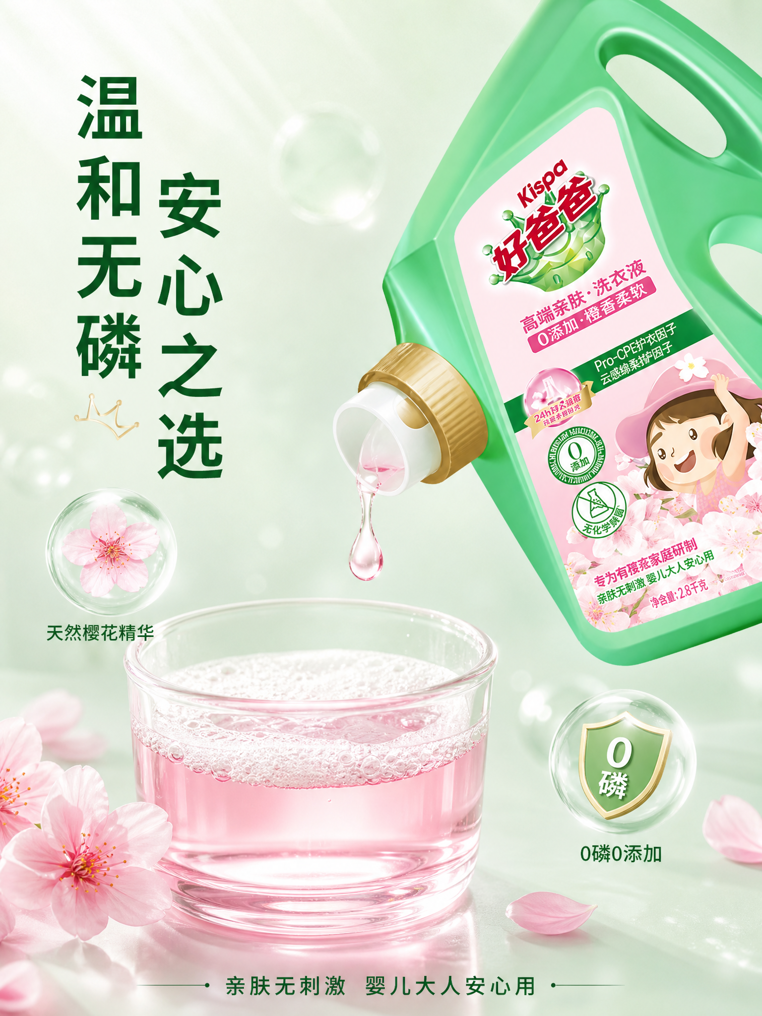[主图-3] 好爸爸樱花洗衣液成分安全与质地展示图 [氛围风格… - 图片创意预览