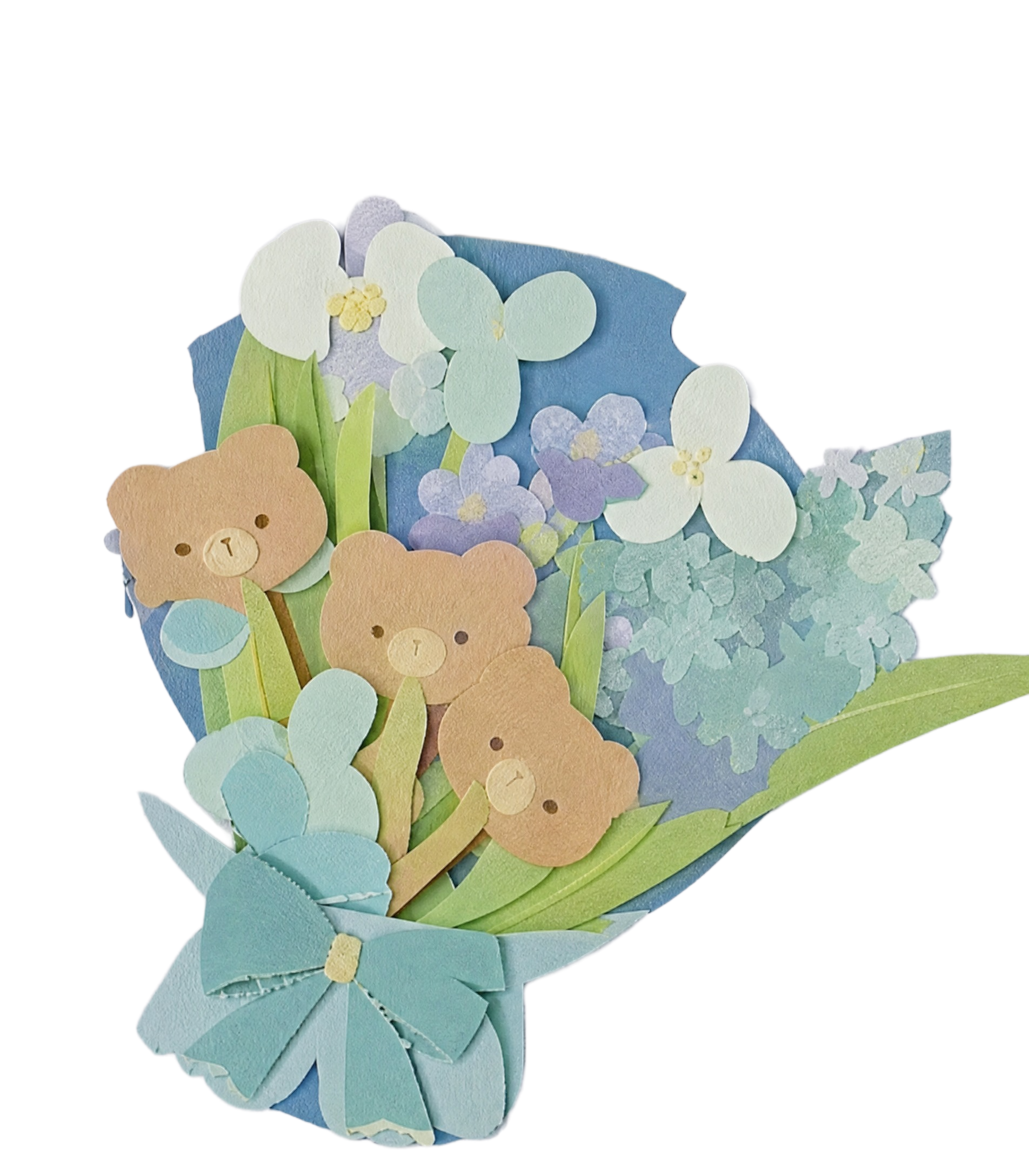 与参考图一模一样的花束，两只棕色小熊造型的花束，浅蓝色花朵、绿… - 图片创意预览