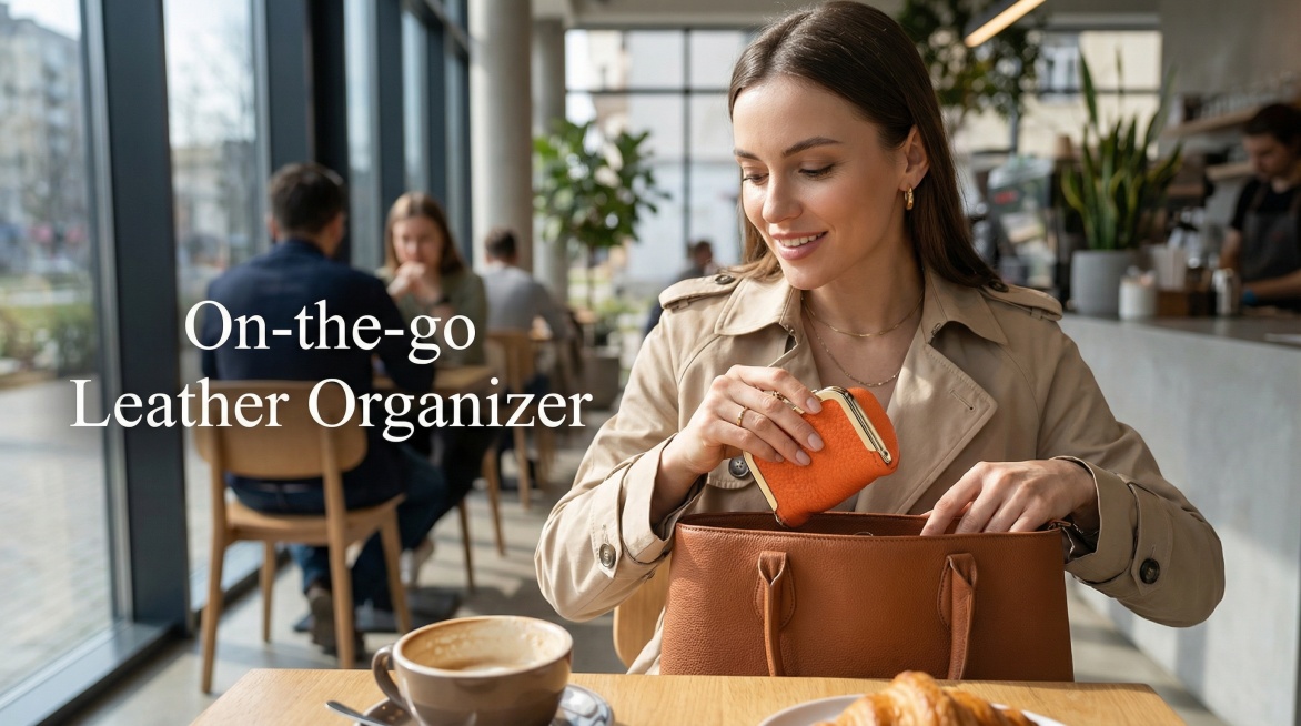 A stylish European and American woman taking this orange retro leather mini jewelry bag out of her h预览效果