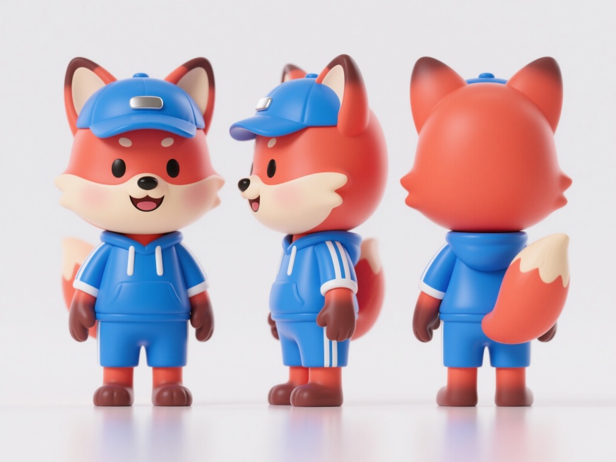 一只红色小狐狸IP形象，3D风格，精细渲染，展示三视图（正面、侧面、背面），主打“轻松休闲”主题。小狐狸身穿合身的蓝色运动服套装，头戴同色系蓝色棒球帽，表情轻松愉悦，姿态自然，整体造型可爱软萌，细节丰预览效果