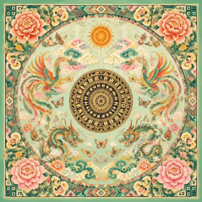 方形丝巾印花图案，爱马仕风格的苗族装饰画，以春意盎然的颜色为主色调，中心圆是铜鼓纹，空中是太阳和云纹，四周是凤凰和龙还有蝴蝶，画面四角牡丹花和卷草纹的结合，与几何图案结合整体构图为对称形式预览效果