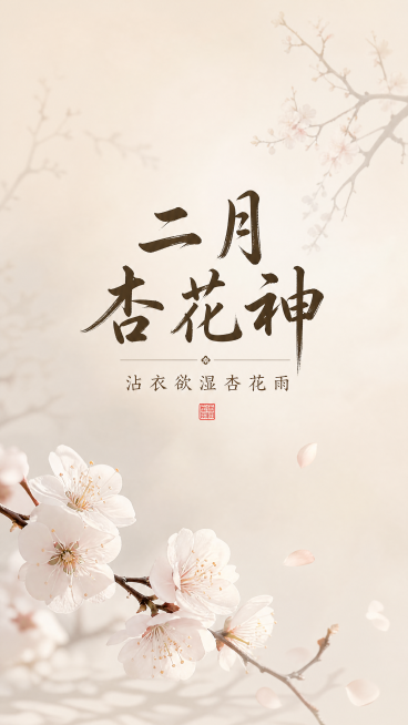 二月杏花神主题海报，简约国风，版式精美。主标题为"二月 杏花神"，副标题为"沾衣欲湿杏花雨"。整体风格简约清雅，新中式国风设计，画面干净高级，留白充足。背景采用渐变浅米白色调，点缀水墨杏花枝影，层次柔预览效果