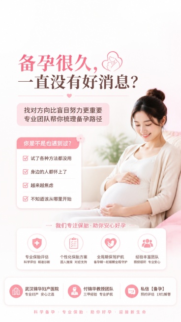 9:16竖版妇产医院备孕保胎服务海报，设计偏向年轻女性，风格简约清新专业，上下预留足够空白避免抖音遮挡，主标题“备孕很久，一直没有好消息？”，副标题“找对方向比盲目努力更重要 专业团队帮你梳理备孕路径预览效果
