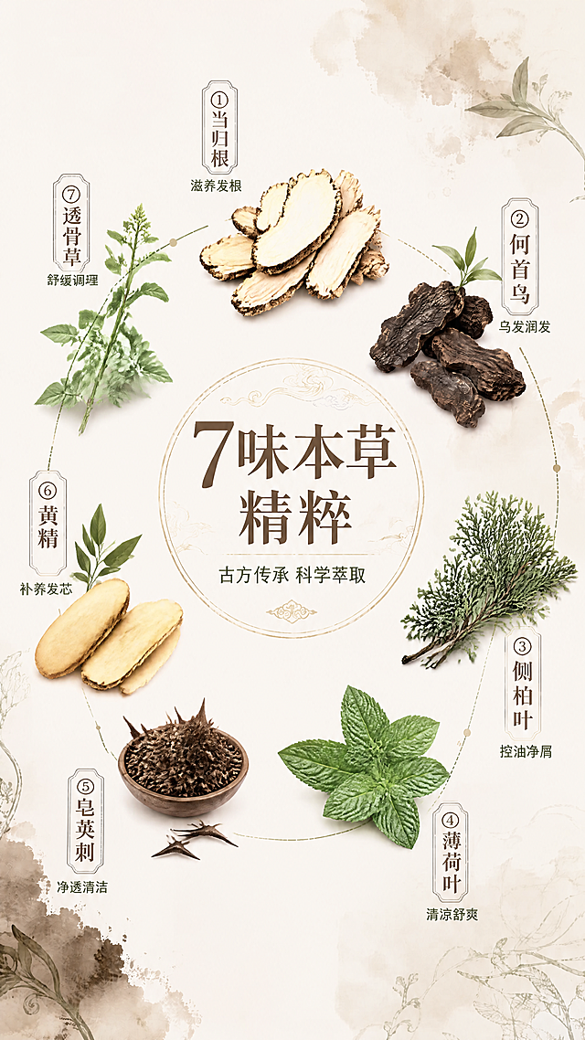严格保持原图的构图结构、色调风格、中心圆形标题区、米白底水墨晕染背景、标签框样式、编号顺序、虚线连接方式、字体与颜色完全不变，仅替换7个位置的草本植物图像和对应文字标签内容：
①顶部位置：标签文字改为「当归根」，配文「滋养发根」，植物替换为当归根切片药材形态；
②右上位置：保留为何首乌，配文「乌发润发」，植物为何首乌药材块形态；
③右侧位置：标签文字改为「侧柏叶」，配文「控油净屑」，植物为侧柏枝叶形态；
④右下位置：标签文字改为「薄荷叶」，配文「清凉舒爽」，植物替换为新鲜薄荷叶形态；
⑤左下位置：标签文字改为「皂荚刺」，配文「净透清洁」，植物替换为皂荚刺/皂角刺药材形态；
⑥左侧位置：标签文字改为「黄精」，配文「补养发芯」，植物替换为黄精根茎切片药材形态；
⑦左上位置：标签文字改为「透骨草」，配文「舒缓调理」，植物替换为透骨草草本植物形态。
中心「7味本草精粹 古方传承 科学萃取」标题及云纹装饰完全保留；整体光影、质感、配色与原图一致，不改变任何布局结构。