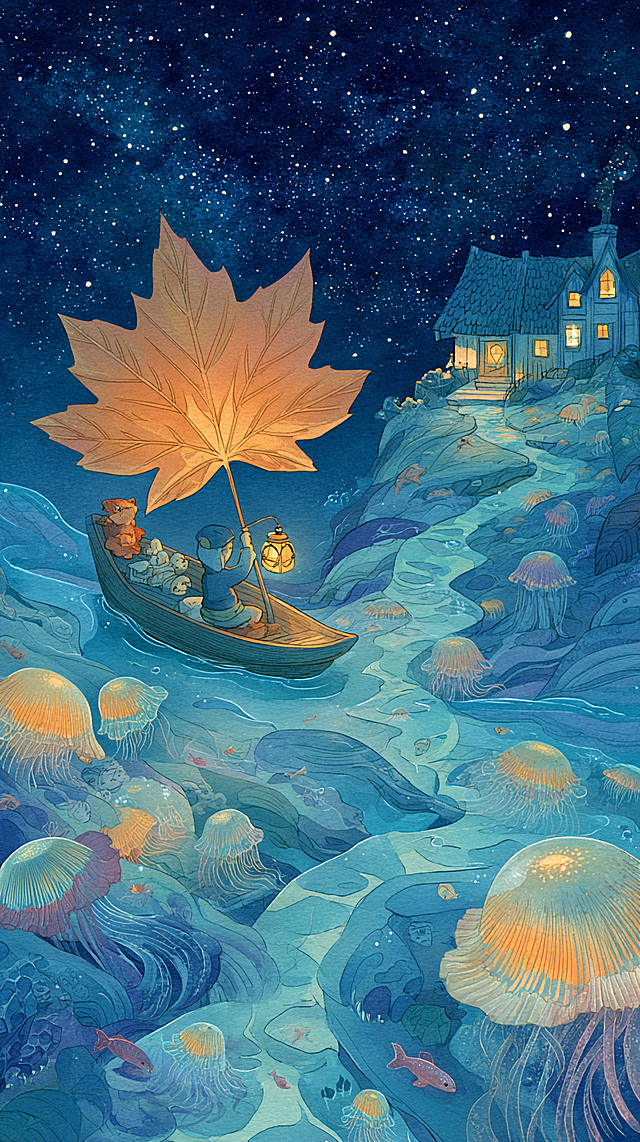 A whimsical children's book illustration, Studio Ghibli style, in gentle watercolor and colored pencil textures. A little child sails a giant maple leaf boat on a sea of glowing, translucent jellyfish under a starry night sky. The boat's lantern holds a small, warm orange goldfish. A winding path of glowing bioluminescent fish leads the way to a distant candy-colored island with cozy cottage. The scene is filled with a sense of safe adventure, wonder, and homecoming. Soft, dreamy lighting, pastel color palette, highly detailed, charming and heartwarming.