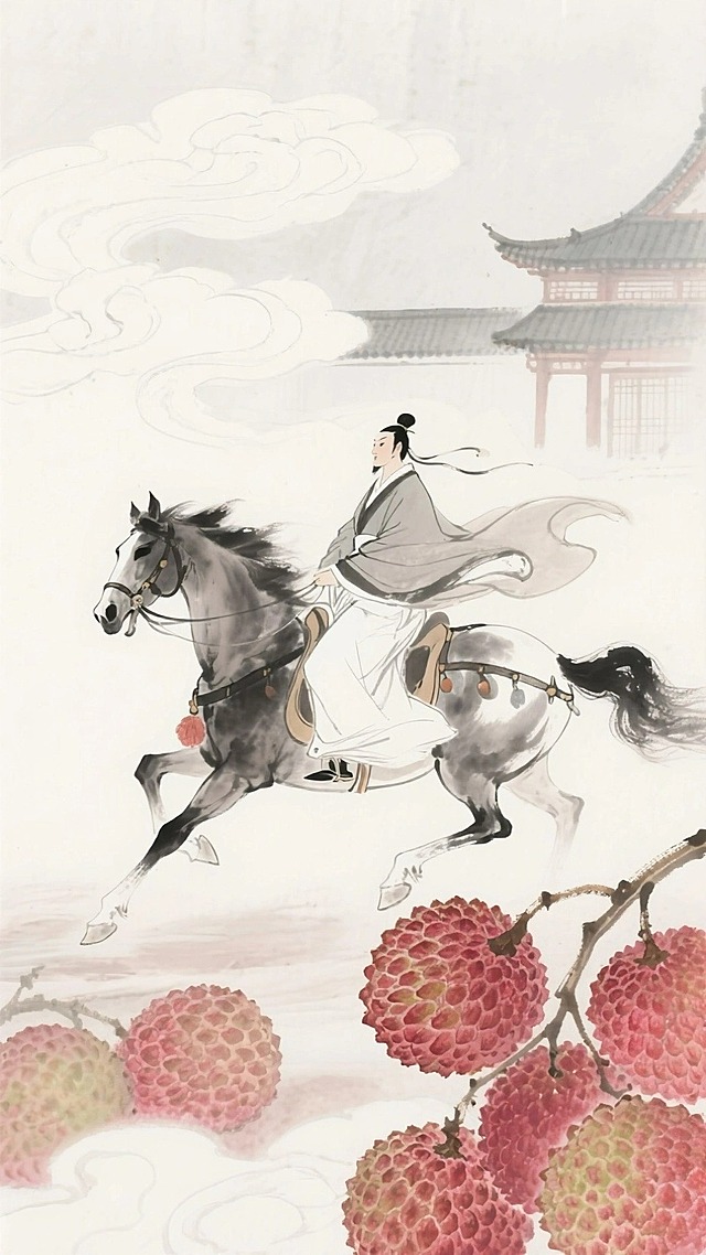 古人衣袂飘飘骑着马奔跑在荔枝上，背景是淡淡的古建筑和云彩，形成朦胧的美感，宣纸水墨画风