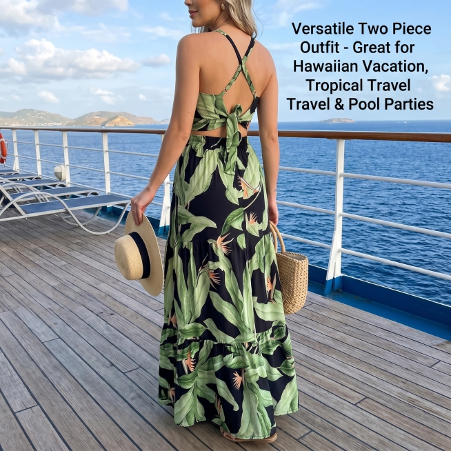 A woman in this tropical floral two piece maxi set walking on a cruise ship deck, ocean in backgroun预览效果