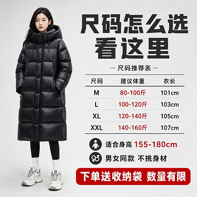 [主图-5] 尺码推荐与适用人群图，主题为尺码选择建议和适合人群说明。
[统一基调] 拼多多风格，大字直白，高性价比感，户外机能风，浅灰渐变背景，粗黑体字体，清晰易读。
[画面] 浅灰色渐变背景，左侧展示亚洲年轻女模特全身穿着黑色长款过膝羽绒服的完整效果，模特站立姿态，展示整体版型和长度，占画面45%。右侧为尺码推荐信息区，直接排版不加色块底。羽绒服外观与输入图完全一致：黑色亮面，横向充绒，连帽，长款过膝，金色袖口标。
[光影质感] 棚拍商业摄影质感，光线均匀柔和，衣服版型挺括，充绒饱满，人物站立自然。
[配色] 浅灰背景，黑色衣服，深灰色标题，黑色说明文字，重点信息用红色标注。
[文字版式] 右侧上方大标题"尺码怎么选 看这里"，深灰粗黑体大字。下方尺码推荐表，清晰列出M/L/XL/XXL四个尺码，每个尺码对应"建议体重"和"衣长"数据，表格简洁明了。尺码表下方是适用人群标签："适合身高 155-180cm""男女同款 不挑身材"。底部加红色促销语"下单送收纳袋 数量有限"，白色粗体字配红色底条。
[输出要求] 1:1正方形，2048x2048，文字清晰可读，尺码数据清晰，产品清晰，无变形，无错字，无水印，无平台Logo，人物正常。