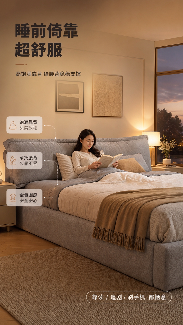 [商品] 使用【图1】灰色软包落地床；保留饱满大床头、落地围边… - 图片创意预览