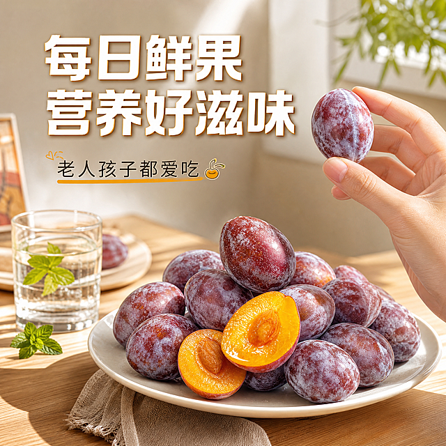 [主图-4] 生活场景代入 家庭餐桌享用西梅
[统一基调] 淘宝天猫食品生鲜风格 自然暖阳逆光 深紫果色+金黄果肉主视觉 主标题粗黑体白色带浅金描边 辅助文案细黑体浅米色 强调色暖橙黄 整体清新高级有食欲
[画面] 温馨居家餐桌场景 浅色木质桌面上放着一个白瓷盘 盘子里装着满满一盘新鲜西梅 有完整的也有切开的 旁边放着一杯清水和几片薄荷叶 阳光从窗边斜射进来 在桌面上投下柔和光影 一只手正拿起一颗西梅准备食用 整体氛围温馨自然有生活感 主体占比约55% 略微俯视角度
[光影质感] 自然窗边暖光 柔和明亮 西梅表面有自然高光和果粉 瓷盘有温润质感 桌面木纹清晰 整体光影柔和温暖有家的感觉
[配色] 背景浅木色+暖白墙面 西梅深紫+金黄 整体色调温暖明亮 文字深棕色+暖橙色
[文字版式] 画面上方大标题"每日鲜果 营养好滋味" 下方小字"老人孩子都爱吃" 文字放在上方空白处 不遮挡主体
[输出要求] 1:1正方形 2048px 文字清晰可读 西梅外观颜色与参考图一致 场景自然真实 负向：变形 错字 模糊 杂乱 水印 平台Logo 手部畸形 西梅形态失真 场景违和