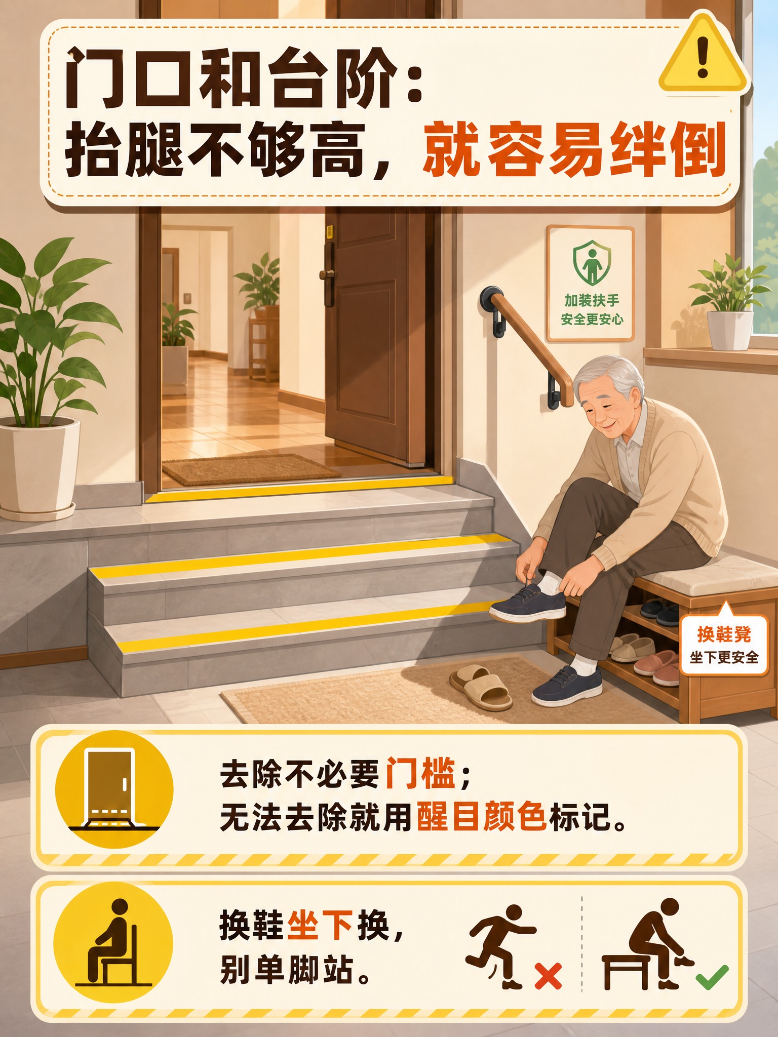 生成一张竖版3:4健康科普信息图插画（扁平矢量风格，暖色居家门… - 图片创意预览