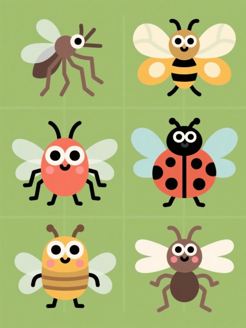 6只不同昆虫的卡通角色系列素材集合，保持与原图一致的扁平化矢量风格，每个昆虫都有大大的、水汪汪的圆眼睛和拟人化的可爱表情，昆虫身体使用纯色填充，翅膀半透明，轮廓线条清晰简洁，6个昆虫角色（蚊子、蝴蝶、蜜蜂、瓢虫、蚂蚁、蜻蜓）在纯色背景上呈规整网格排布，整体构图平衡，色彩明快，充满童趣。预览效果