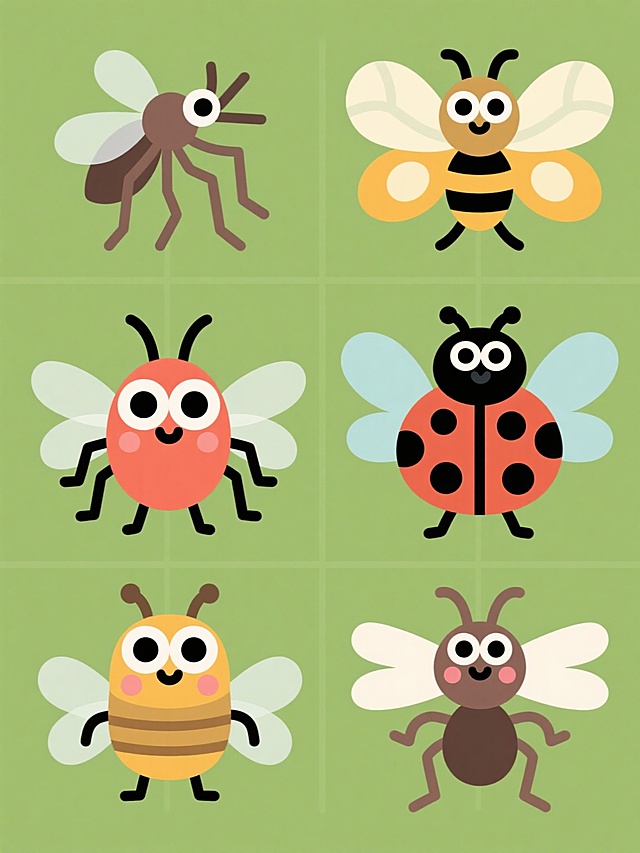 6只不同昆虫的卡通角色系列素材集合，保持与原图一致的扁平化矢量风格，每个昆虫都有大大的、水汪汪的圆眼睛和拟人化的可爱表情，昆虫身体使用纯色填充，翅膀半透明，轮廓线条清晰简洁，6个昆虫角色（蚊子、蝴蝶、蜜蜂、瓢虫、蚂蚁、蜻蜓）在纯色背景上呈规整网格排布，整体构图平衡，色彩明快，充满童趣。