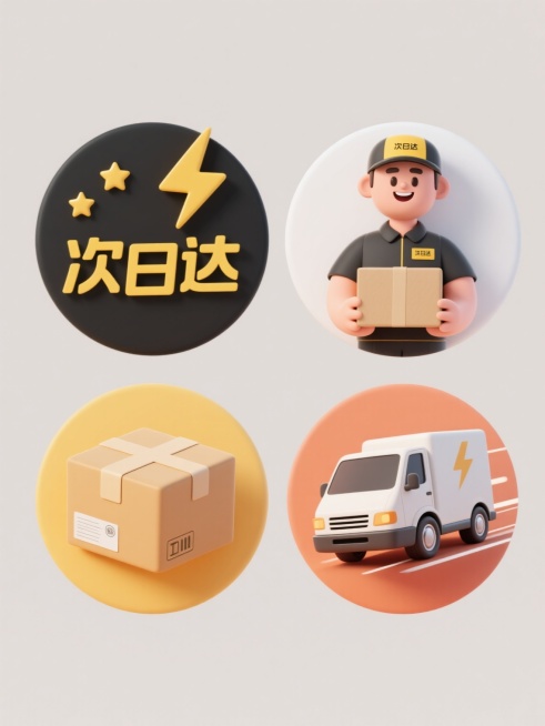 简洁现代风格的系列快递服务图标集合，纯色背景，四个规整排布的圆形图标，每个图标采用不同的主色调但保持统一的色彩和谐度与明亮光影效果，平滑的数字艺术质感，第一个图标为“次日达”文字标志，黑色粗体汉字配以黄色闪电符号，周围环绕金色五角星；第二个图标是卡通风格的快递员形象，穿着快递制服，面带微笑，手持包裹；第三个图标是一个包装完好的快递包裹，带有胶带和快递单细节；第四个图标是一辆正在行驶的快递货车，……预览效果