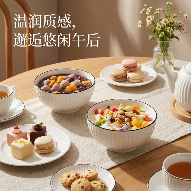 这是一只陶瓷碗，其名称为山田竖纹圆碗，碗口直径为4.5英寸。我给你提供了一张白底图，请根据我的白底图，帮我绘制5张不同角度的场景图。每张场景图比例为1：1，内容是将这只碗与不同的日常生活场景结合，并配预览效果