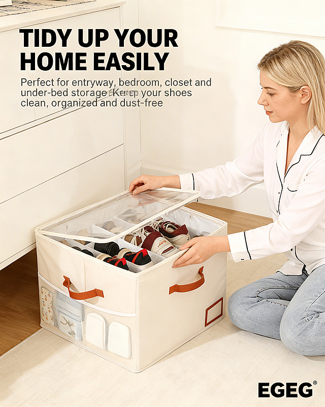 美式简约、干净明亮家庭收纳风，整洁的玄关场景，Large Capacity Shoe Cabinet Storage Box放置在玄关柜旁，模特打开盖子取鞋，体现整洁、省空间、提升家居颜值，大标题："TIDY UP YOUR HOME EASILY"，小字文案："Perfect for entryway, bedroom, closet and under-bed storage Keep your shoes clean, organized and dust-free"，右下角放置品牌LOGO："EGEG"