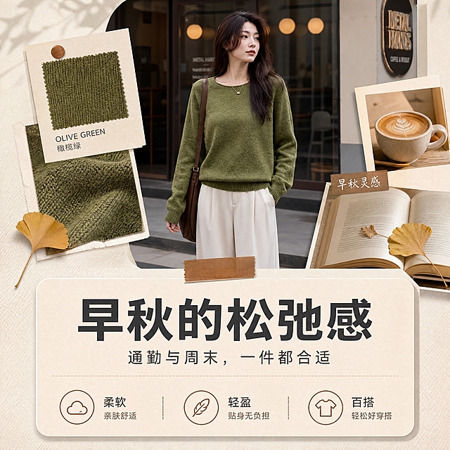[商品] 使用【图1】橄榄绿圆领羊毛羊绒针织上衣；商品处理：保留圆领、长袖、罗纹收边与微弹修身版型，理顺垂坠、增强针织质感，不改变颜色结构。
[画面] 设计灵感页：主画面为穿着橄榄绿针织上衣的亚洲模特街头场景，周围叠放面料色卡、针织纹理、早秋元素（银杏叶、热咖啡、书本）拼贴卡片，信息区位于画面下半部，1:1方形构图，与第1张拉开差异。
[视觉] 套系策略：风格=早秋暖调温柔系商业摄影，韩系简约高级感；标题字=现代无衬线粗体；正文字=简洁无衬线体；主色=暖米白燕麦色；背景延展=基于暖米白做深浅层级、同色渐变与细腻针织/纸张质感；强调色=焦糖棕，仅用于小面积图标、引线和标签；标题色=深炭灰；正文色=中暖灰；组件=圆角浅底信息卡、细线引线、针织纹样标签；光影=左前侧暖柔光、早秋日光氛围。
[文字] 主标题“早秋的松弛感”，副标题“通勤与周末，一件都合适”，3个关键词标签：柔软、轻盈、百搭；所有文字横向排版，简体中文，手机端可读。
[规格] 图片比例1:1，4K，避免变形、错字、文字过小、冷蓝灰背景、上衣颜色改变、版型失真。